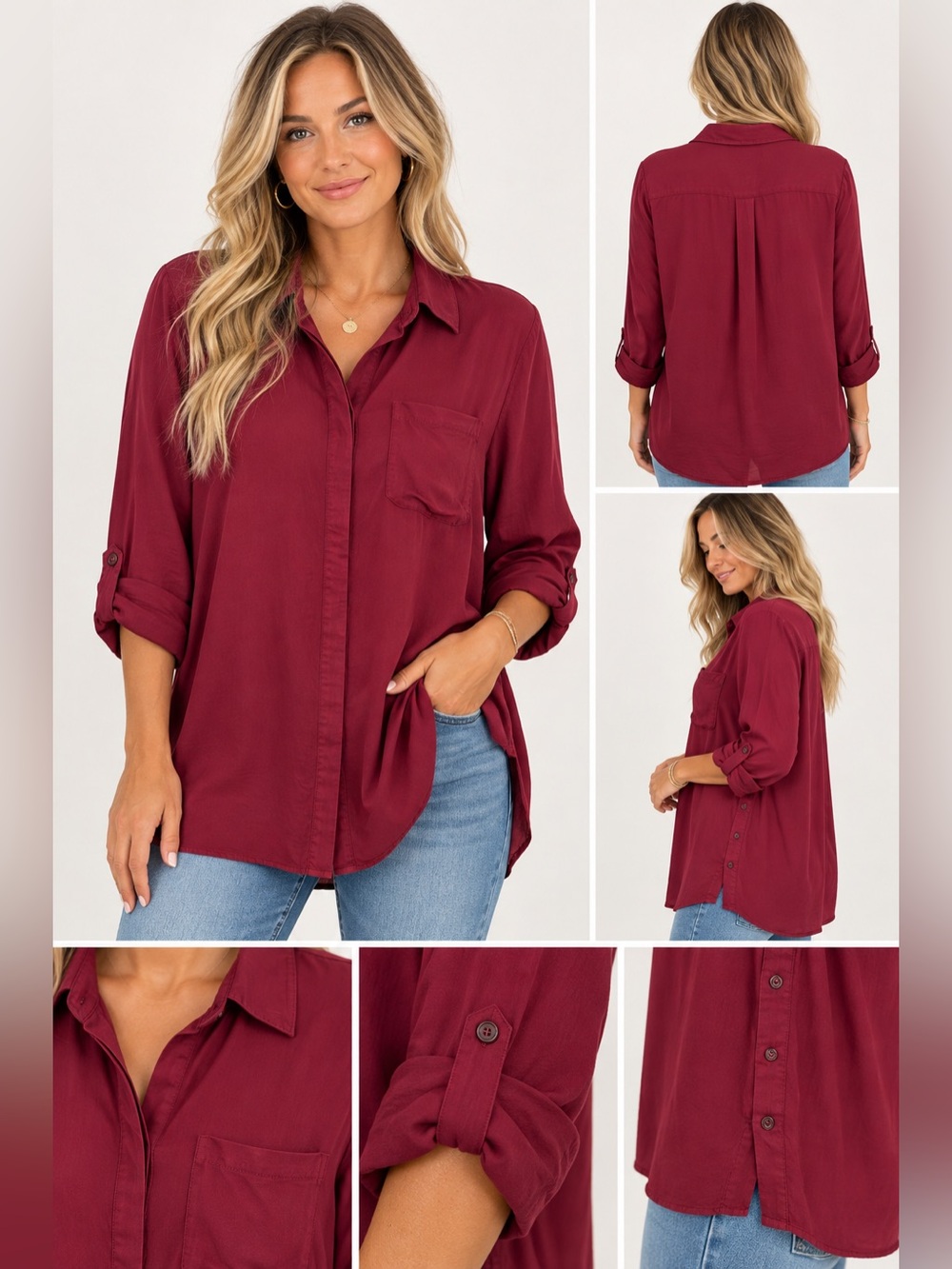 Chicos Women's Roll Tab Sleeve Button Down Shirt burgundy size 2 or Large